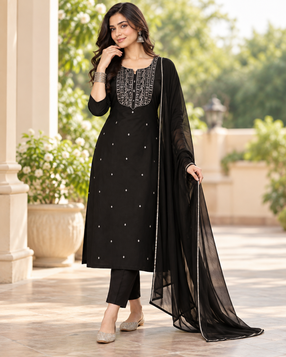 Model wearing a black 3-piece salwar suit with sequin work and a sheer dupatta, standing outdoors.