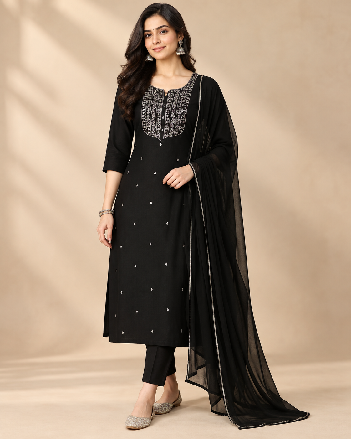 Model wearing the black kurta set with sequin work, showing the front view.
