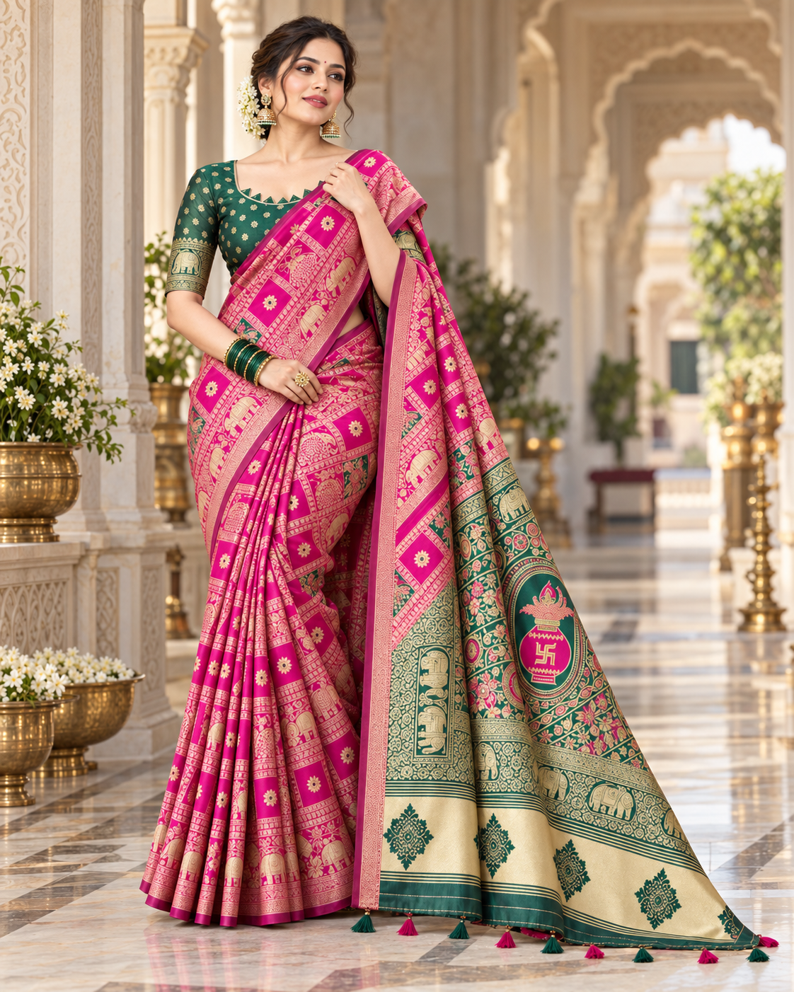 Pink and Green Elephant Motif Saree and cotton silk jacquard saree with unstitched blouse image 1