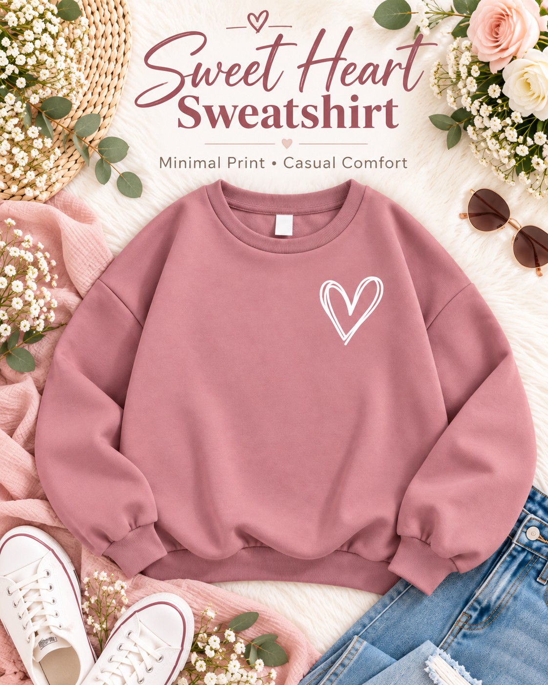 Woman wearing dusty pink heart print sweatshirt with blue jeans