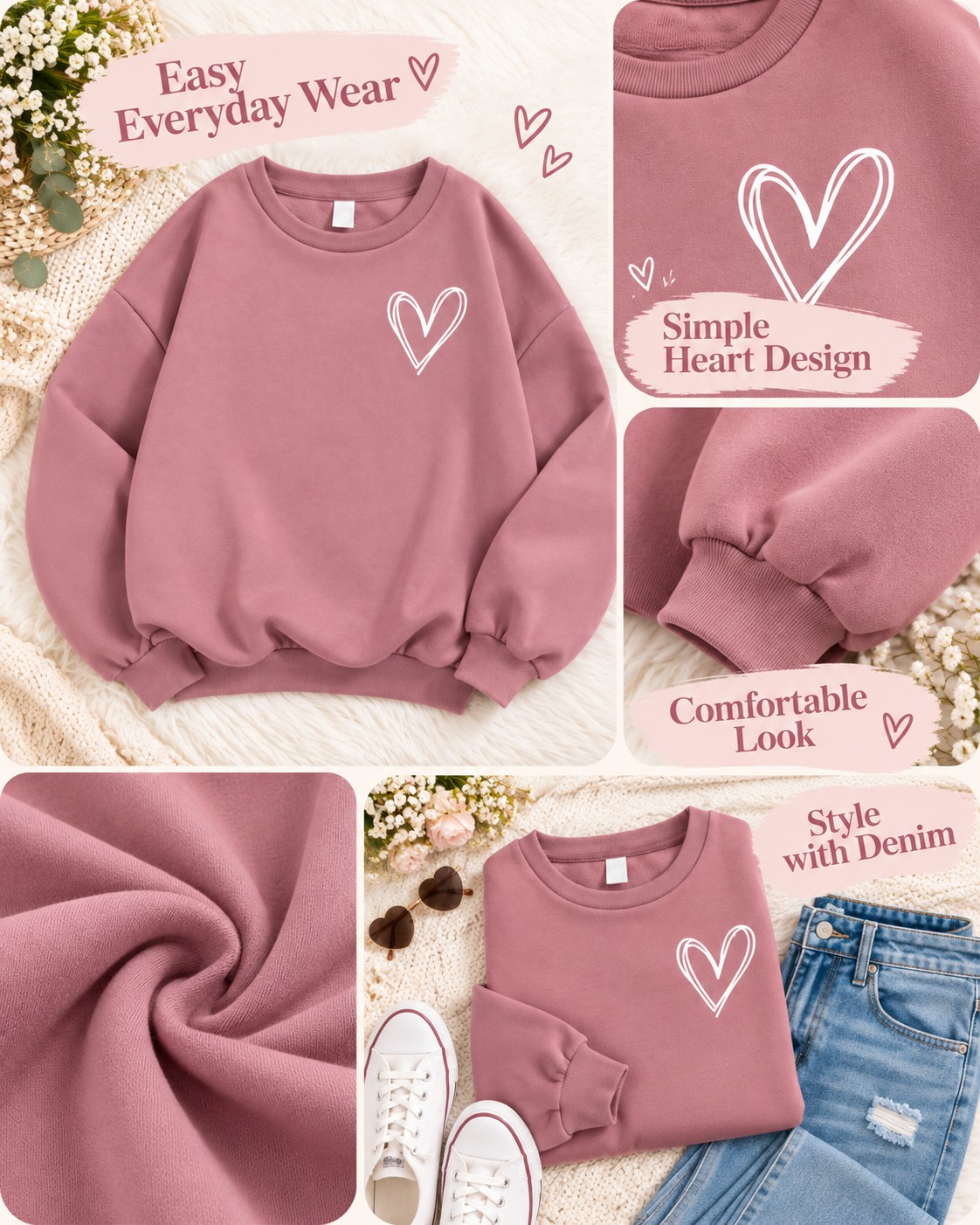 Women's sweet heart dusty pink casual sweatshirt