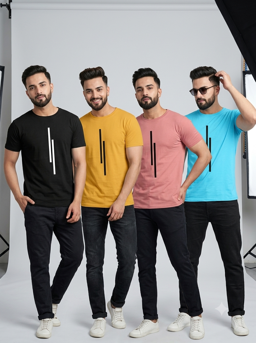 Four men modeling a t-shirt combo pack in Jet Black, Mustard Yellow, Dusty Pink, and Sky Blue with vertical line prints.