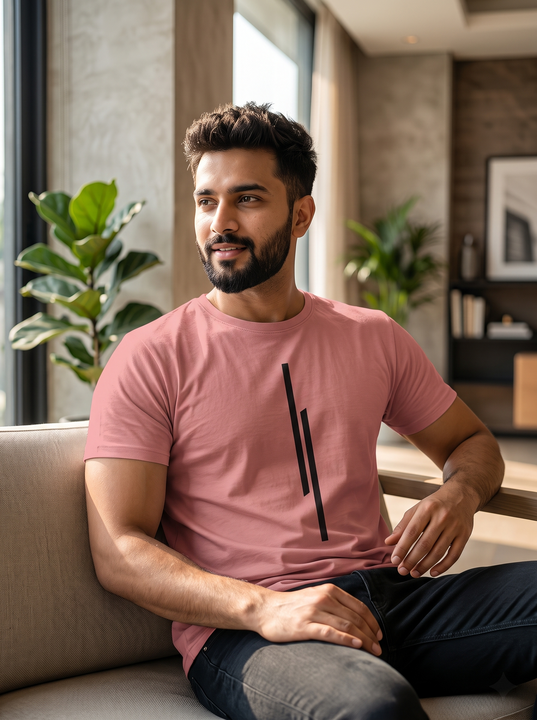 Male model sitting on a sofa wearing a Dusty Pink t-shirt with a black vertical line print.