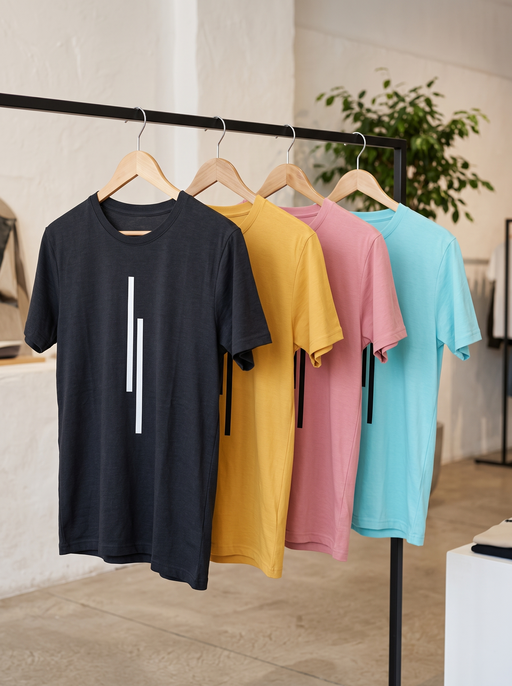Four t-shirts in black, yellow, pink, and blue hanging on a rack, showcasing the vertical line print design.
