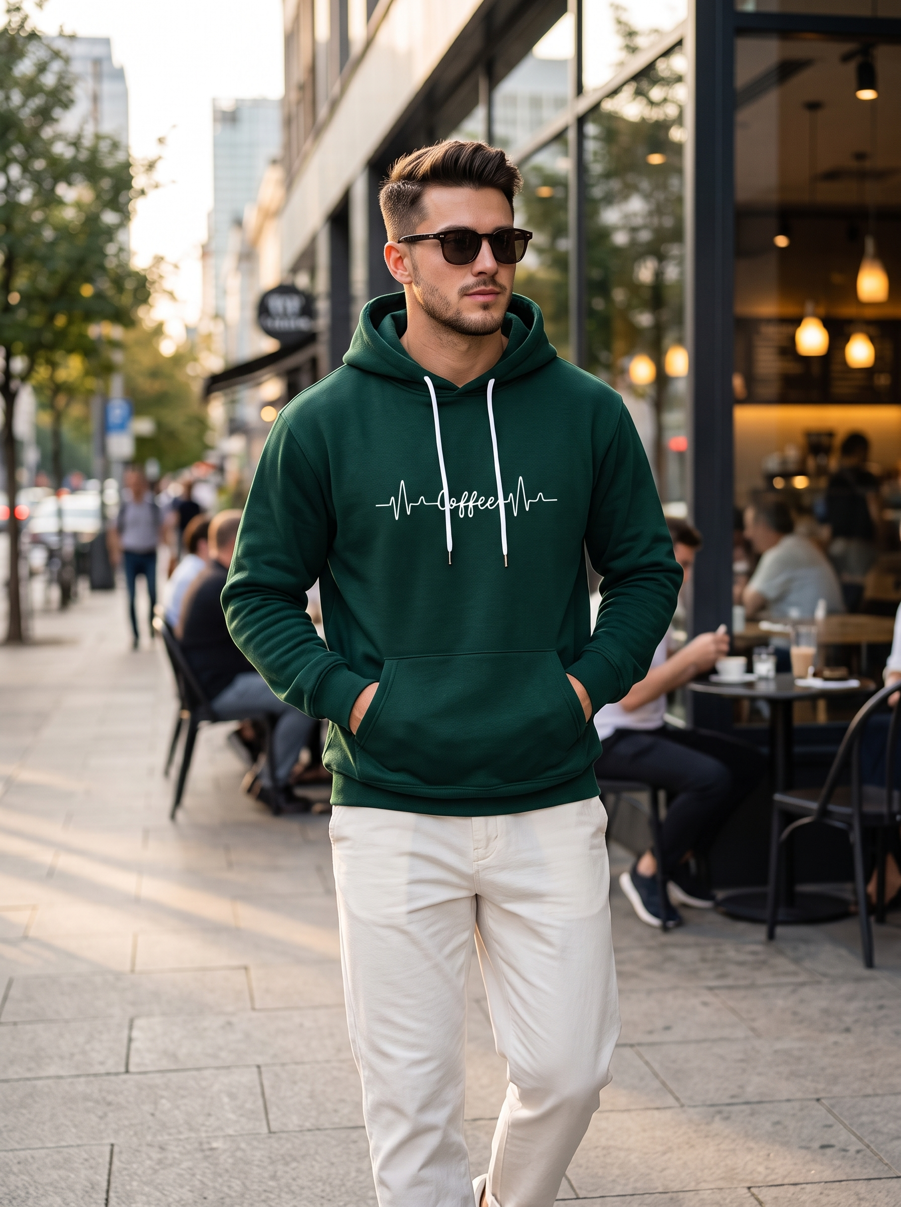 Man wearing a dark green hoodie with a white coffee heartbeat print, standing on a city street with sunglasses.