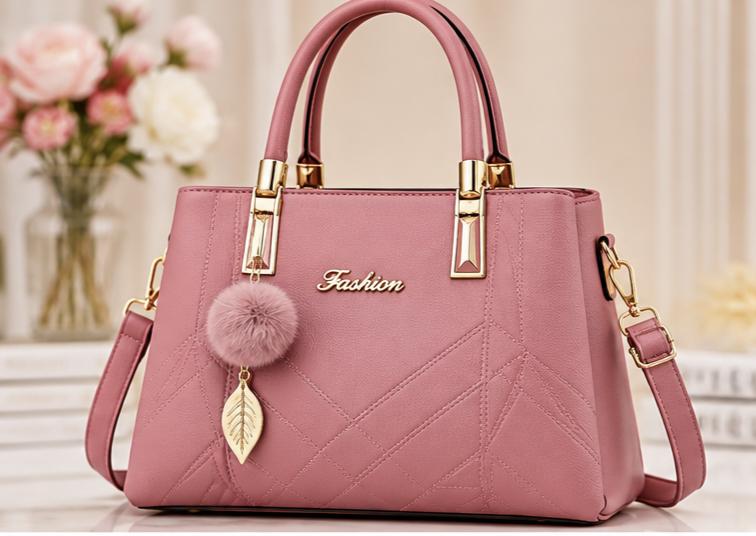 Front view of a pink quilted handbag with gold hardware, a pom-pom charm, and a leaf pendant.
