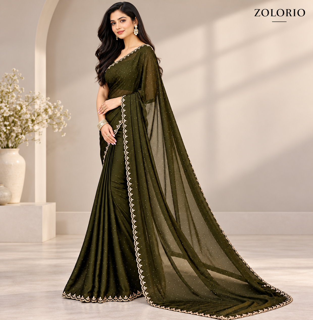 Model wearing an olive green net saree with an embroidered border and matching blouse, standing in a studio setting.
