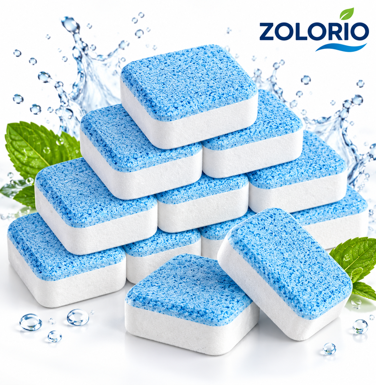 Zolorio cleaning tablets stacked with water splash and mint leaves