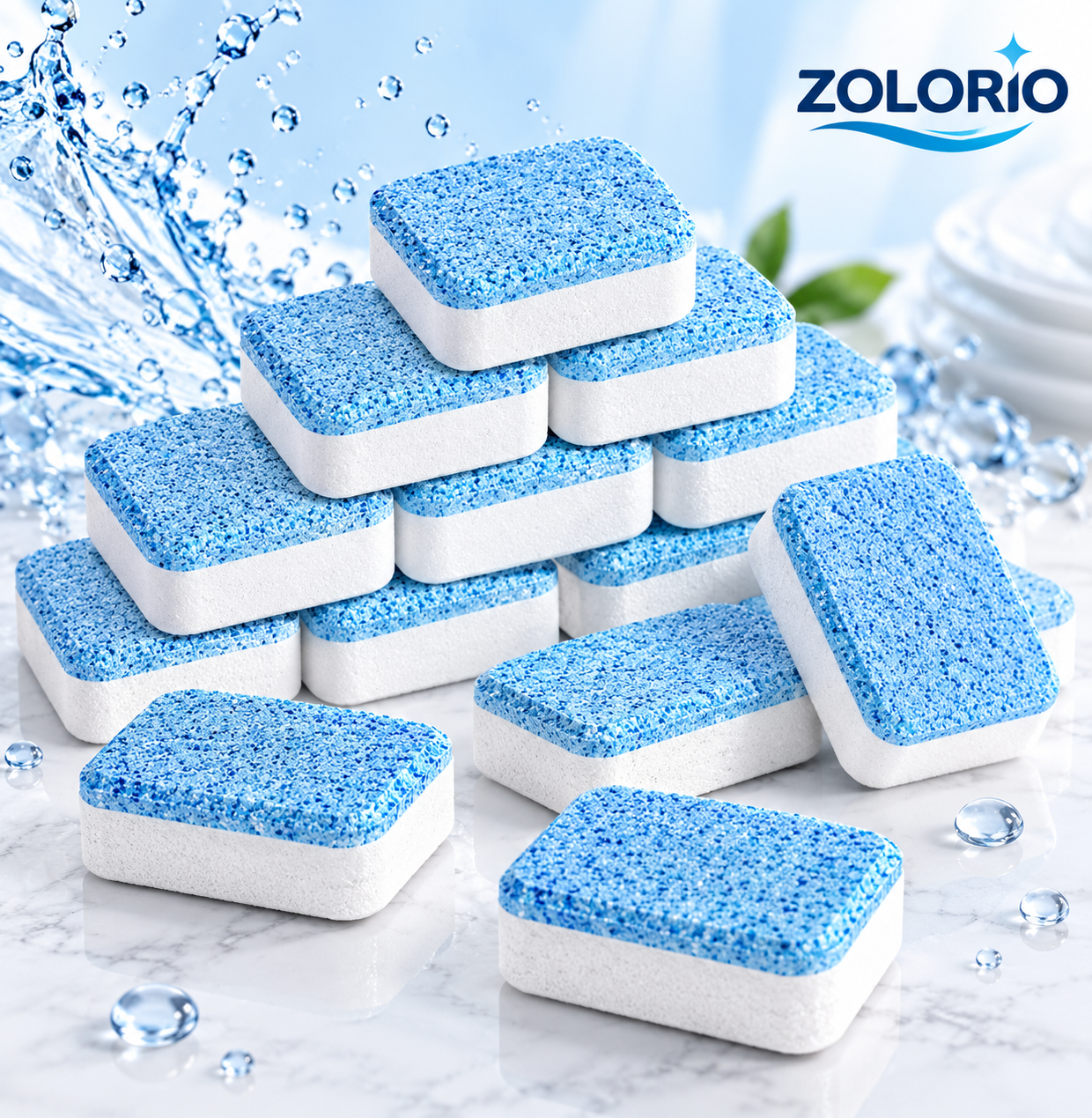 Zolorio cleaning tablets with water splash and mint leaves background